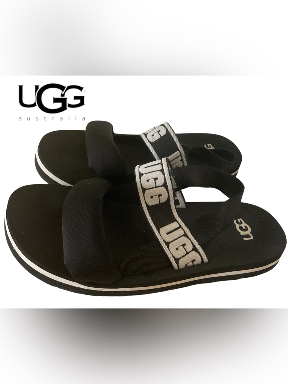 🧡UGG Black and White Logo Strap Platform Sandals